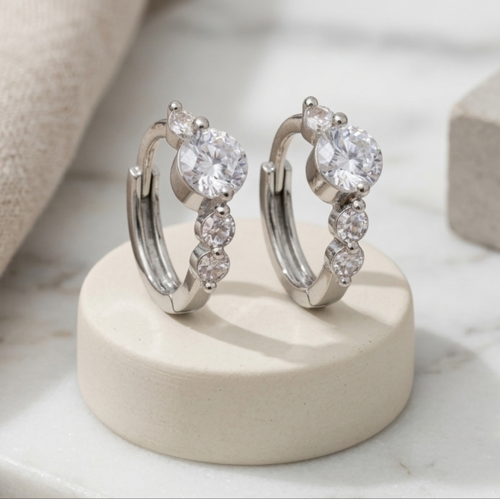 Dainty Sterling Silver CZ Huggie Hoop Earrings 0.45" Minimalist Stacking